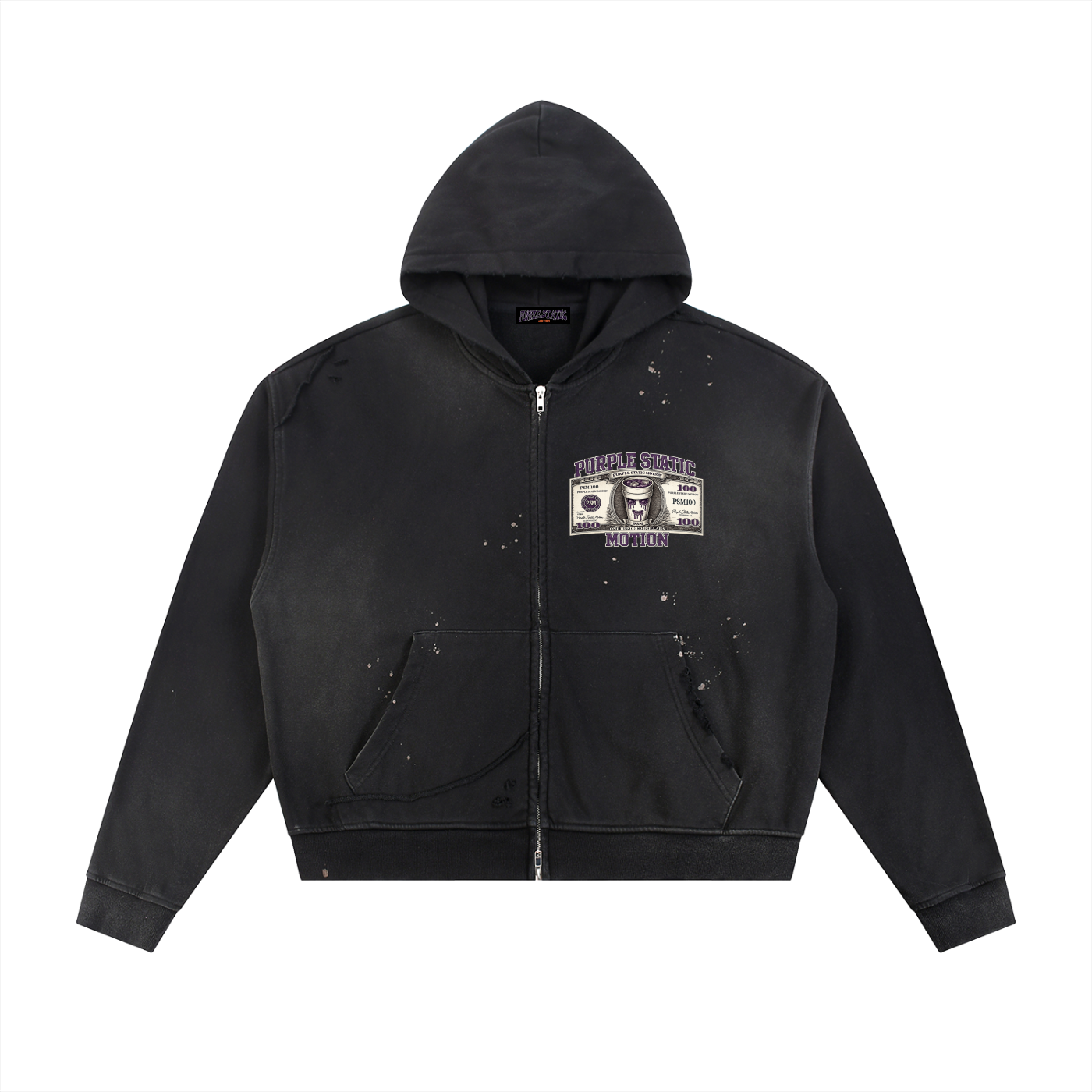 Sun Fade Frayed Raw Edge Fleece Zip Hoodie
