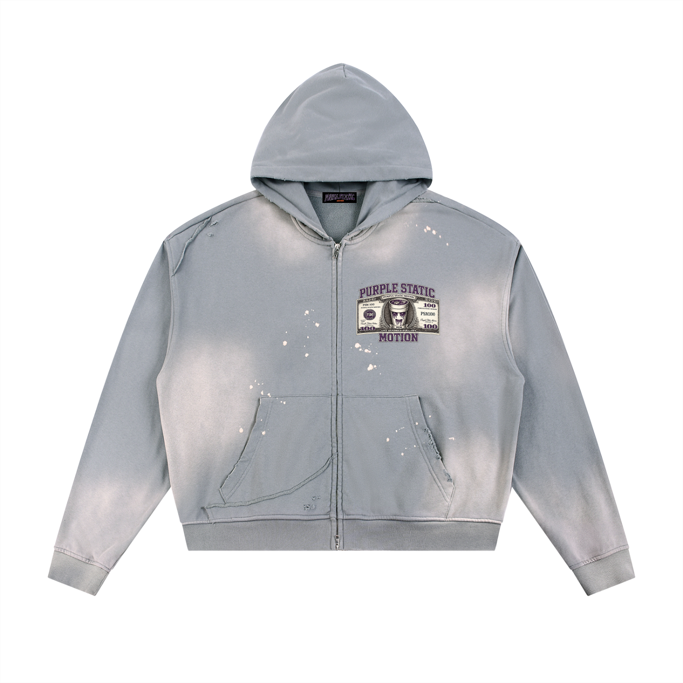 Sun Fade Frayed Raw Edge Fleece Zip Hoodie